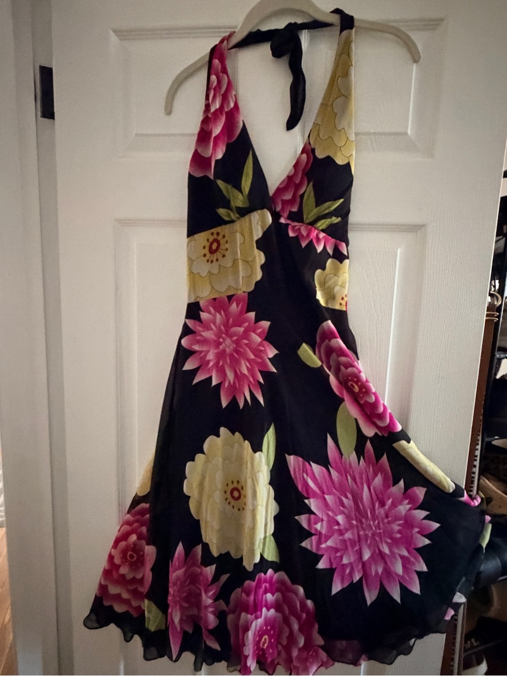 Black Halter Floral A-Line cocktail Dress with Pink & Yellow Blooms lace back.